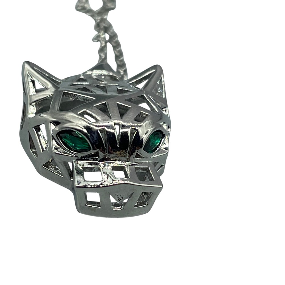 Geometric Panther Head Pendant Necklace Silver Tone Green Eyes Origami Style